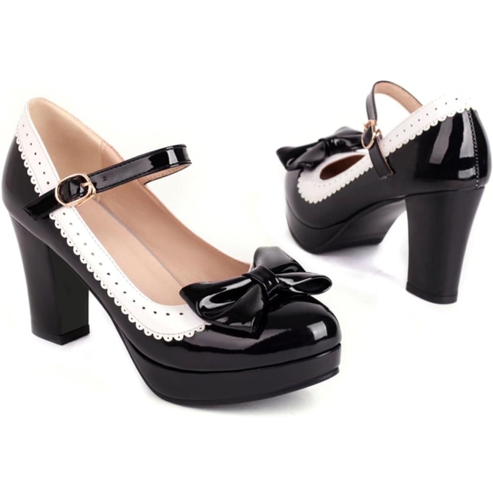 Patent Leather Black & White Platform Bow Mary Jane Kawaii Heels 9